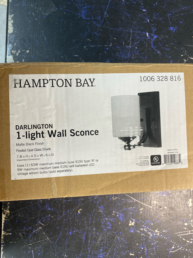 Hampton bay DS17678S2 Darlington 4.5 in. 1-Light Matte Black Indoor Wall Sconce with Frosted Opal Glass Shade