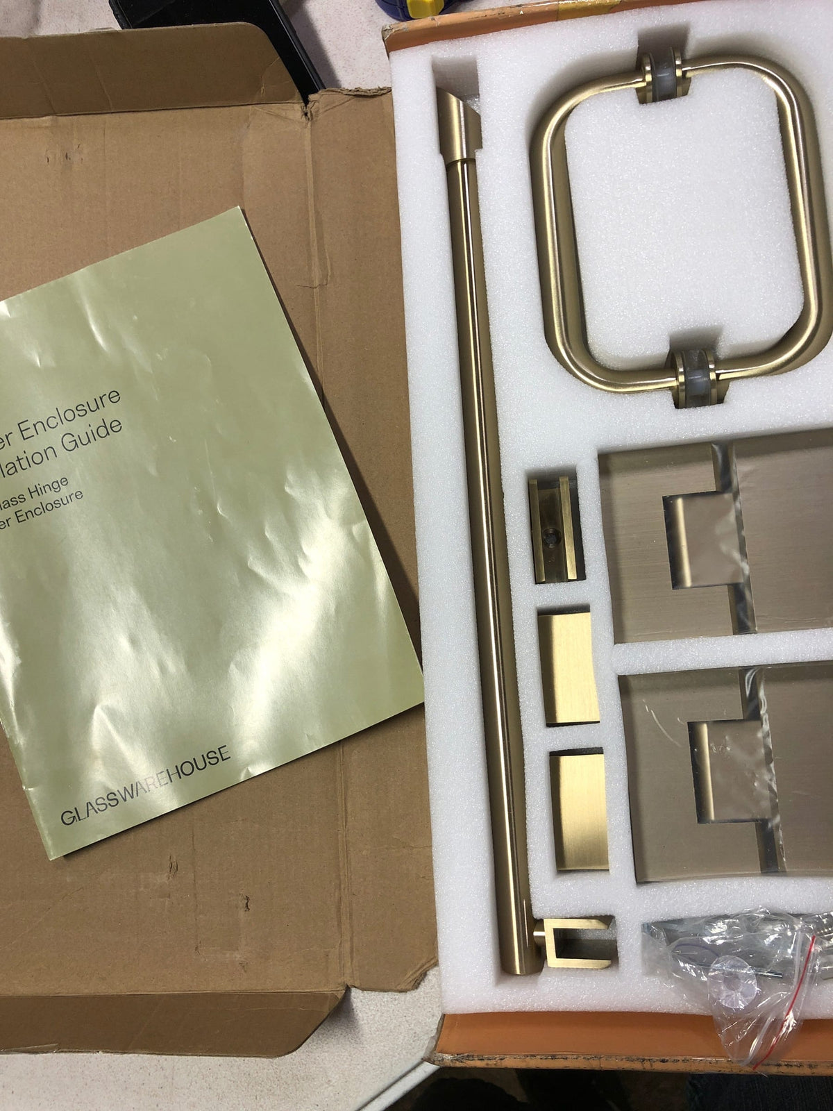 Glass warehouse GW-90-GH-HP-SB 78 in. 90° Glass Hinged Hardware Pack in Satin Brass with Handle
