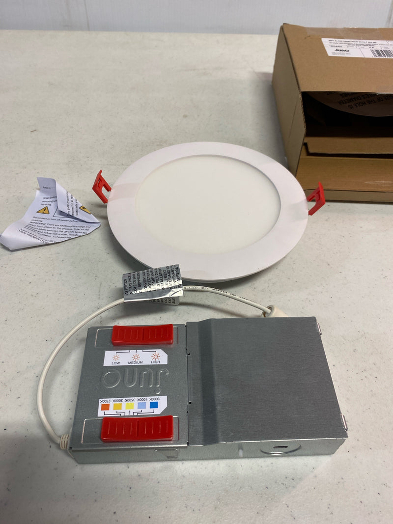 Juno WF6 ALO20 SWW5 90CRI MVOLT MW M6 Canless LED Wafer Downlight, Switchable White 2700K-5000K, Adjustable Lumens, Flat Trim, Matte White, 6-Inch