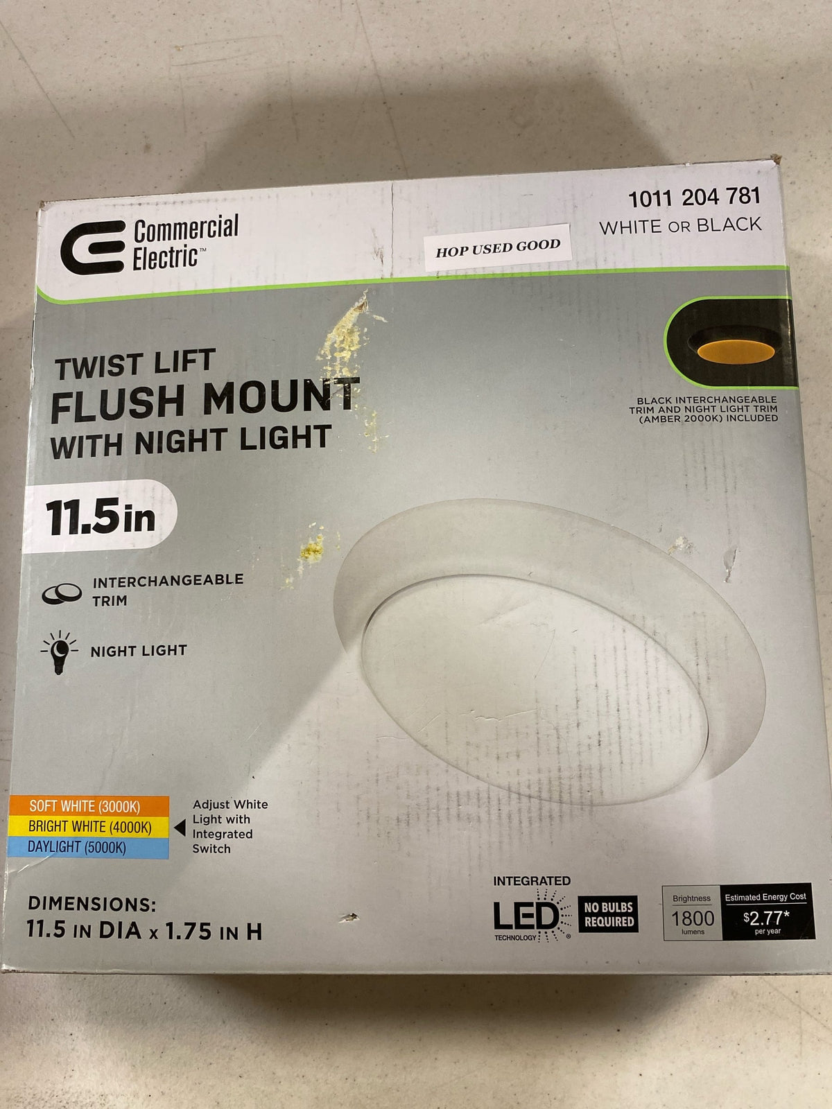 11.5 in. Twist Lift Round LED Flush Mount with Night Light and Extra Black Trim 1800 Lumens Adjustable CCT