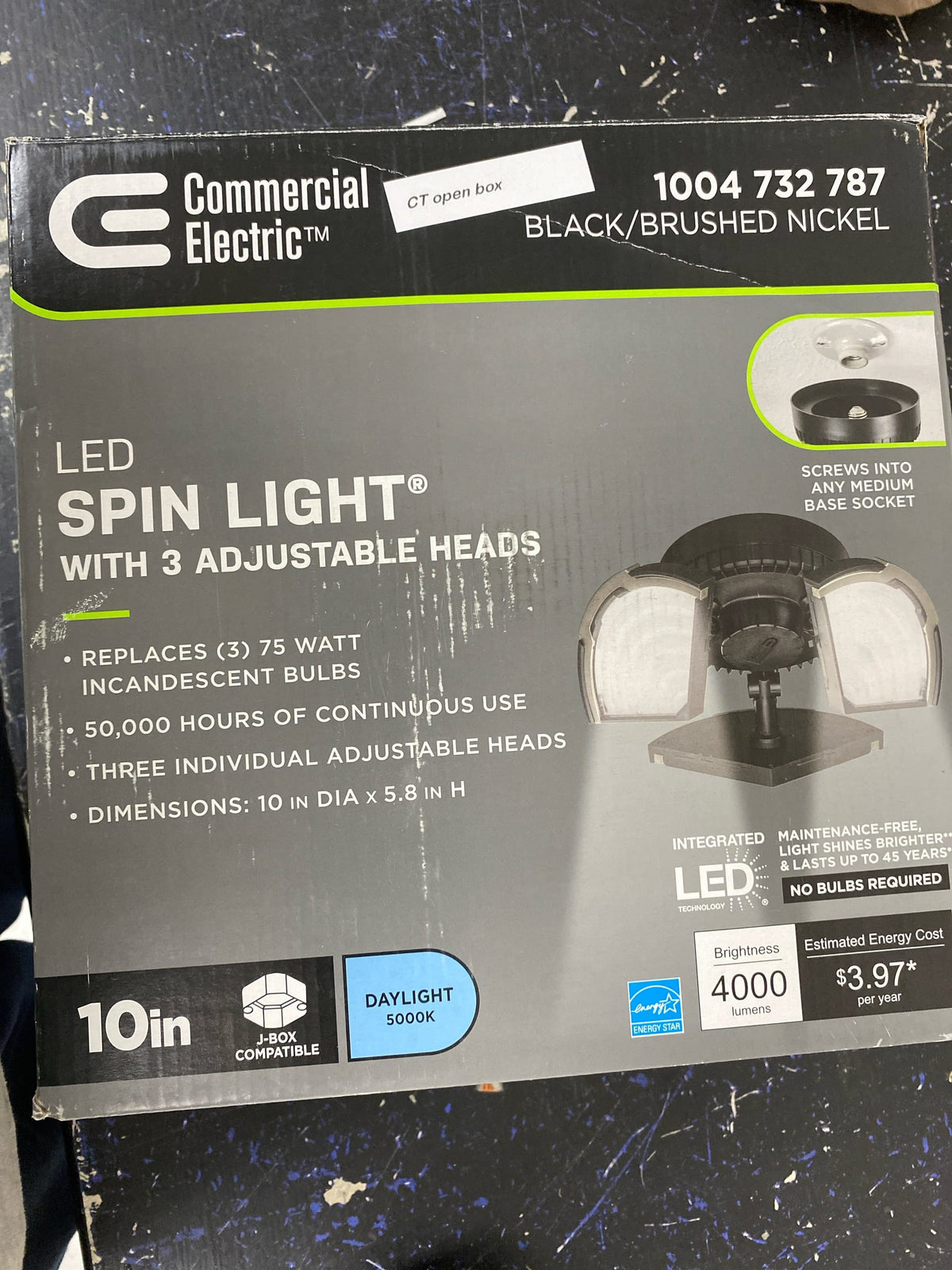 Commercial electric 56566161 Spin Light 10 in. High Output 4000 Lumens Black LED Flush Mount Ceiling Light with 3 Adjustable Heads 5000K