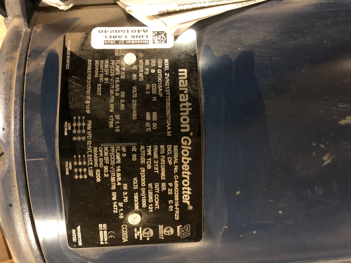 Marathon Electric GT0016A, 7 1/2 Hp, 1800 Rpm, 213T FR, 230/460 Vac, 3 PH, General Purpose, Globetrotter, Dripproof, 213TTDBD6026. - -note cracked body---