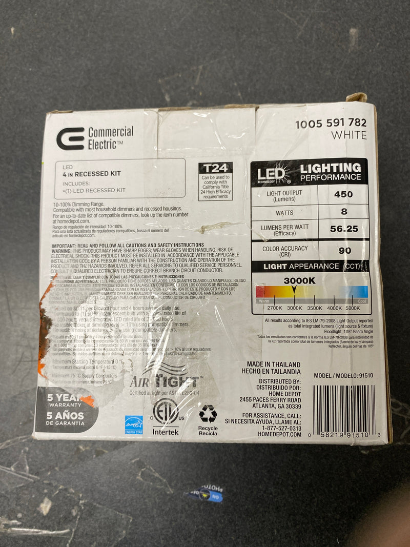 Commercial electric 91510 Box on Top Integrated LED 4 in Round  Canless Recessed Light for Kitchen Bathroom Livingroom, White Soft White