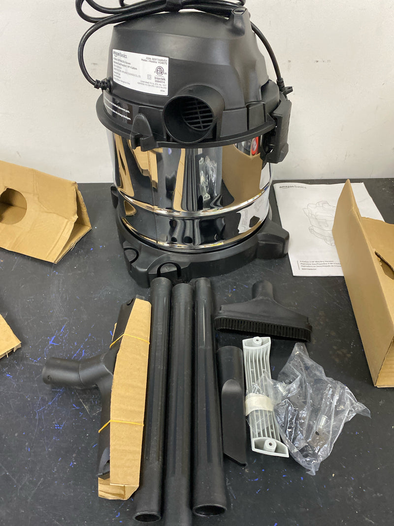 Amazon Basics Wet Dry Vacuum Cleaner, 4 gallon Shop, 3 HP Stainless Steel, Grey/Black