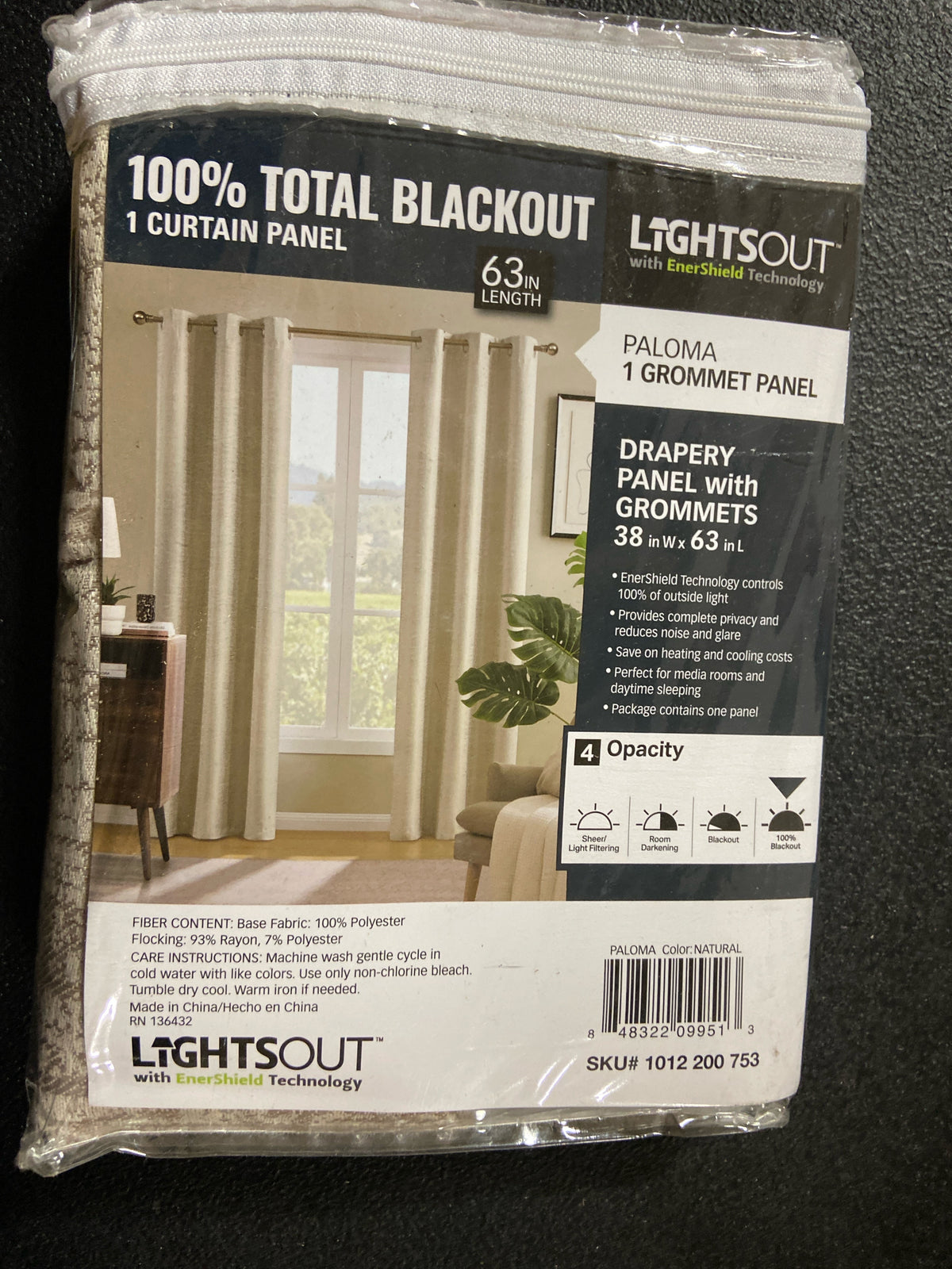 Lightsout with enershield technology HDPALOMA-107-469 Paloma Natural 38 in. W x 63 in. L Grommet 100% Blackout Curtain (Single Panel)