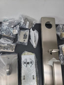 Baldwin EESANxSQUCQE150 Santa Cruz Full Plate Single Cylinder Keyed Entry Handleset with Interior Square Lever and Emergency Egress Function - Satin Nickel
