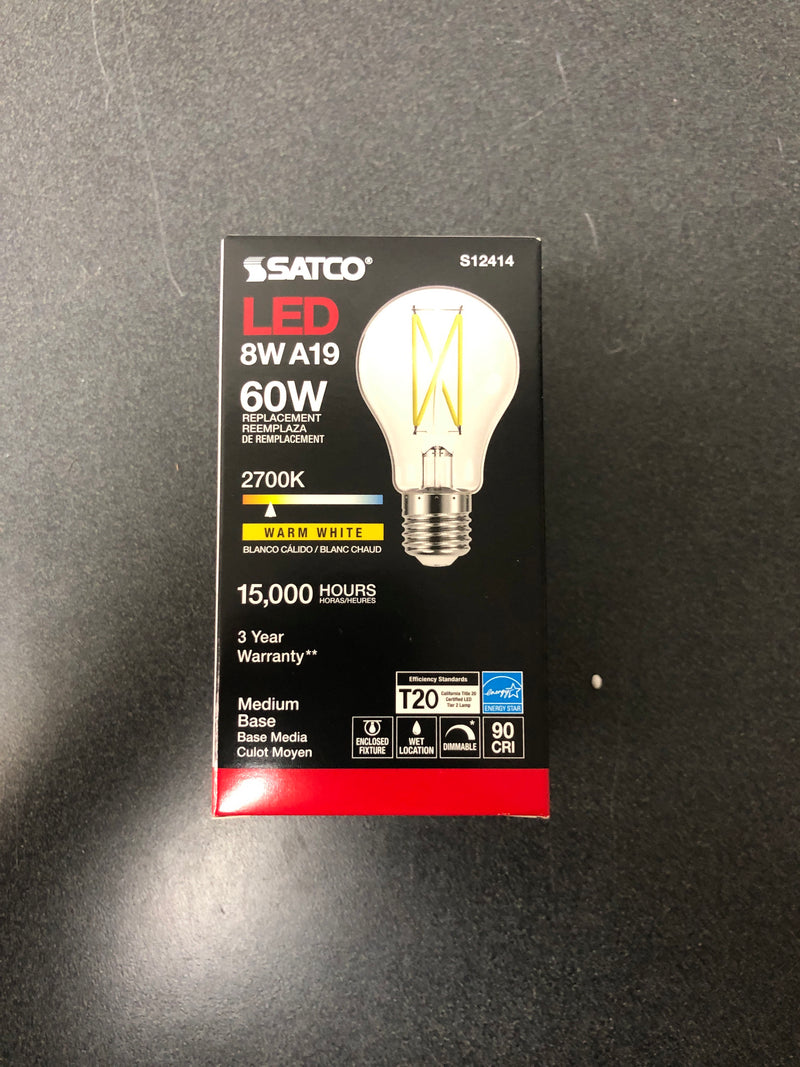 Satco Lighting S12414 Single 8 Watt Medium Base A19 LED Bulb - 2700K - Clear