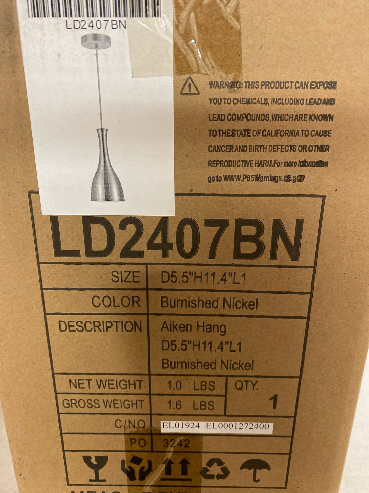 Elegant Lighting LD2407BN Aiken 6" Wide Pendant - Burnished Nickel