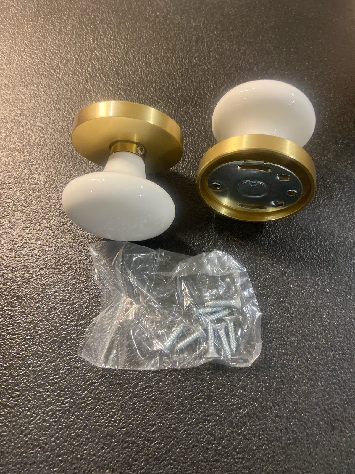 Emtek 805IWUS4 Ice White Reversible Non-Turning Two-Sided Dummy Door Knob Set from the Porcelain Collection - Satin Brass