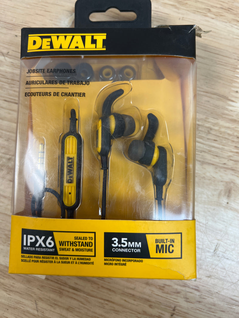 Dewalt Jobsite IPX6 Sweat Water Resistant Earphones 3.5mm Connector 190 9032 DW3