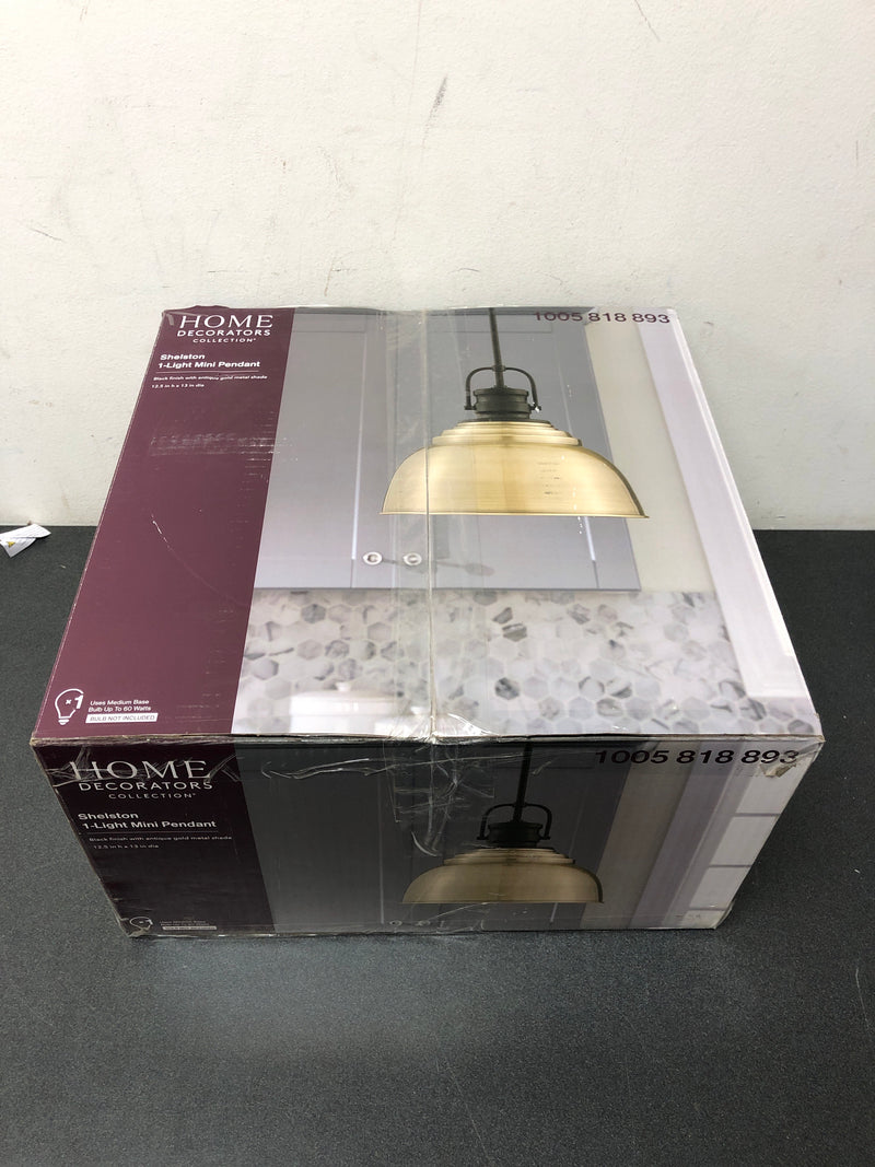Home decorators collection RS20190724-1-AG Shelston 13 in. 1-Light Antique Gold and Black Farmhouse Pendant Light Fixture with Metal Shade