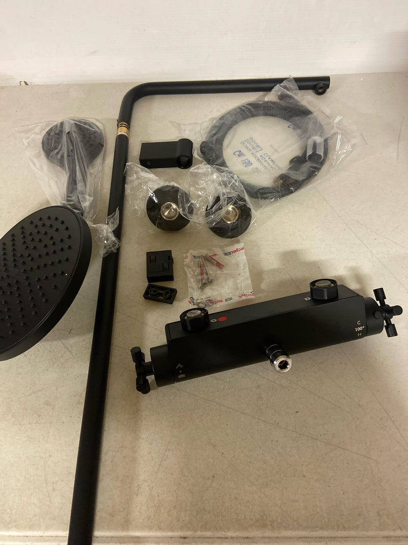 Signature Hardware 485647 Hollybrook Thermostatic Exposed Pipe Shower System with Rainfall Shower Head, Multifunction Hand Shower, and Hose - Matte Black