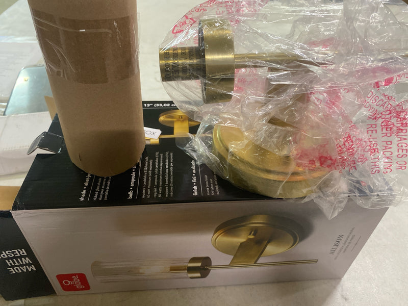 GLOBE Electric 65000103 1-Light Wall Sconce, Matte Brass, Ribbed Clear Glass Shade, Modern Wall Lights for Living Room, Bedroom, Hallway, or Dining Room, Candelabra Base, Home Decor