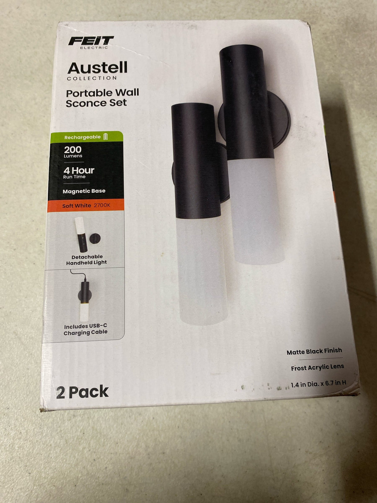 Feit electric WSR6/827/BK/2 1-Light Matte Black Rechargeable Battery-Powered Portable Integrated LED Wall Sconce Set (2 Pack)