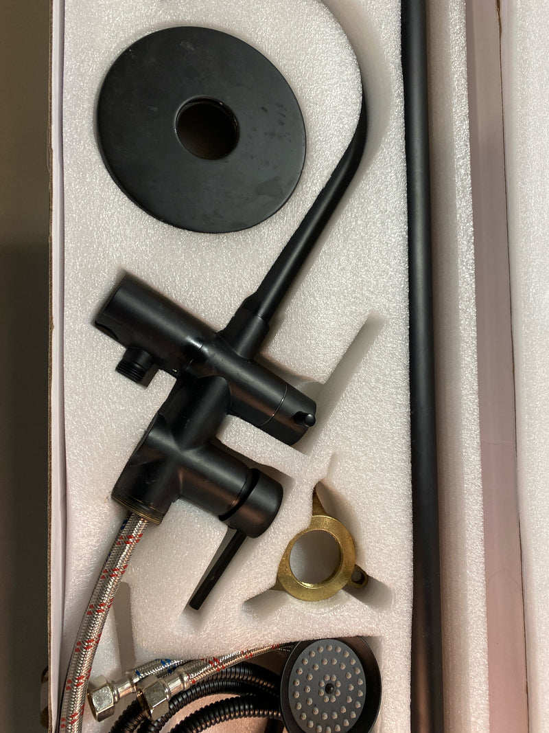 Freestanding Bathtub Faucet Matte Black: Floor Mount Tub Filler, High Flow Brass Shower Faucets with Handheld Sprayer for Bathroom