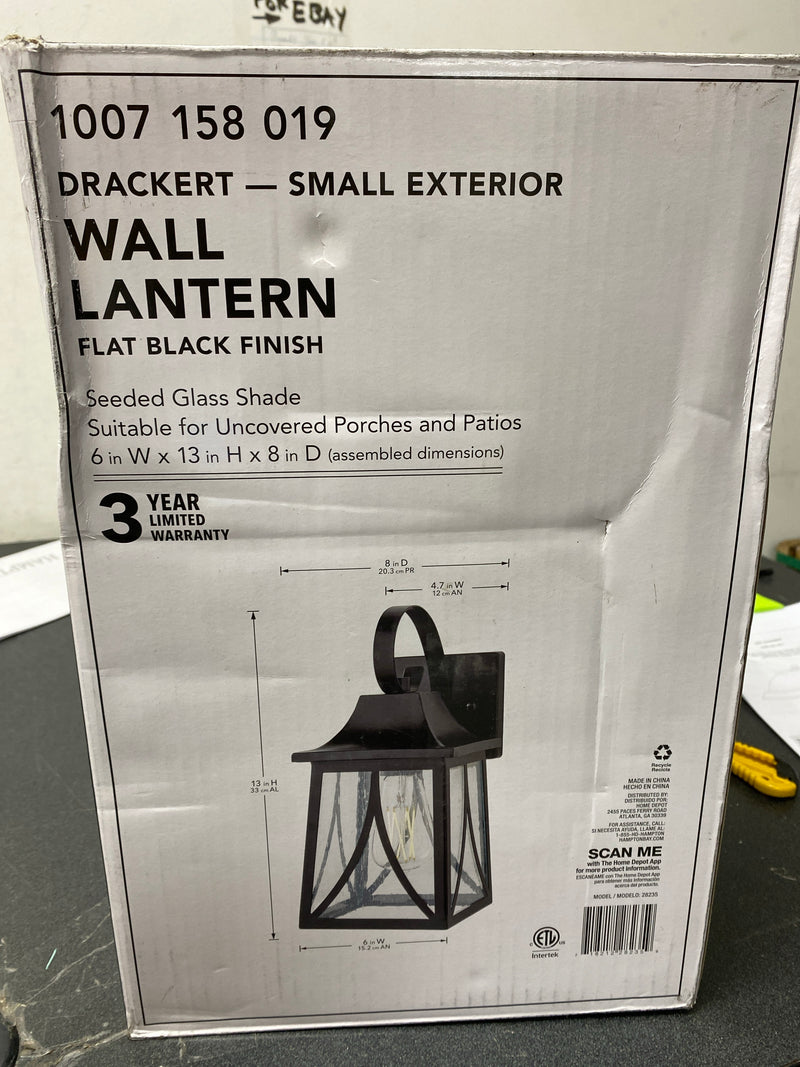 Hampton bay 28235 Drackert 13 in. 1-Light Flat Black Hardwired Outdoor Wall Light Lantern Sconce with Seedy Glass, No Bulb Included