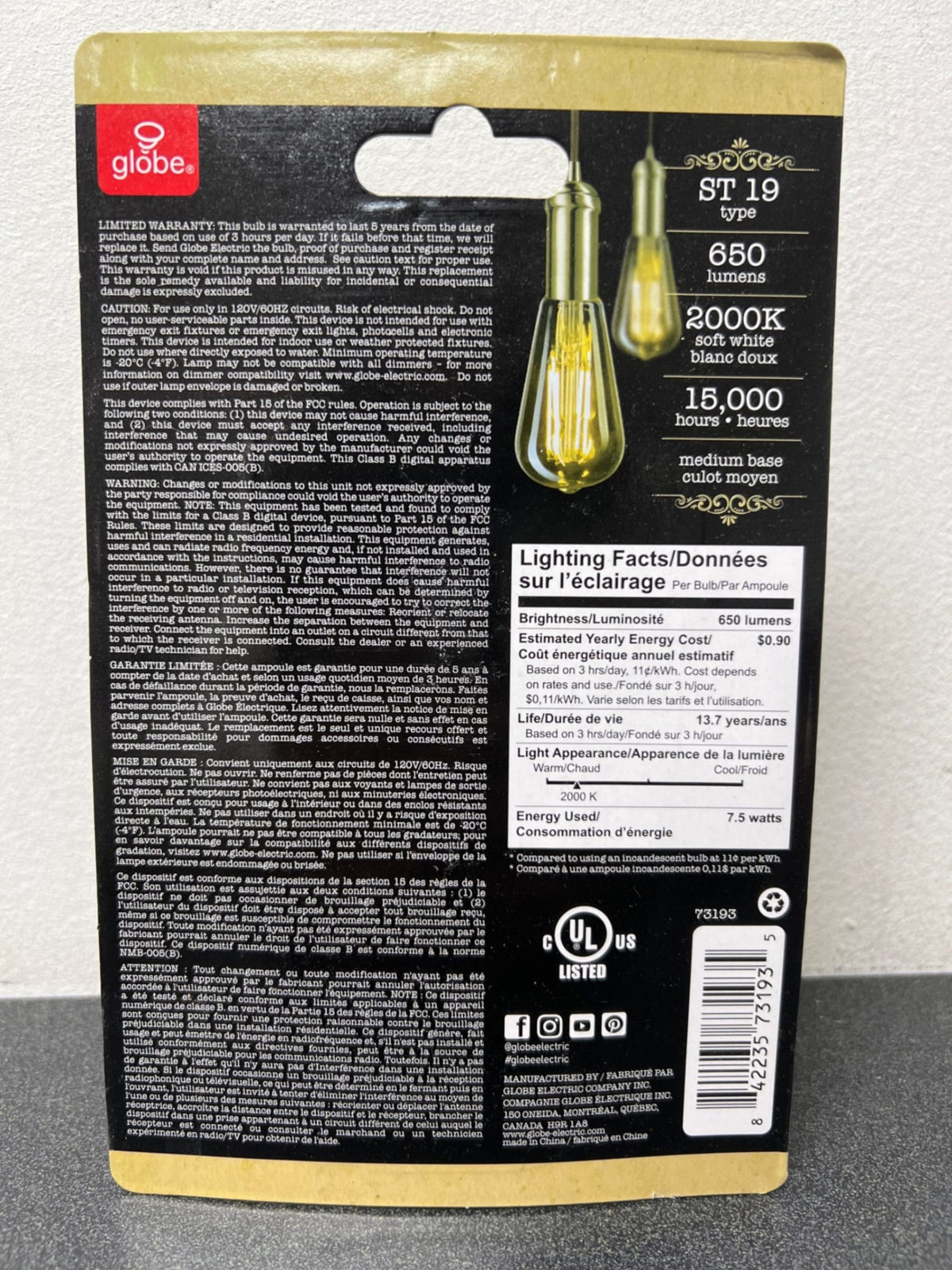 Globe electric 73193 60 Watt Equivalent ST19 Dimmable Straight Filament Vintage Edison LED Light Bulb, Warm Amber Light
