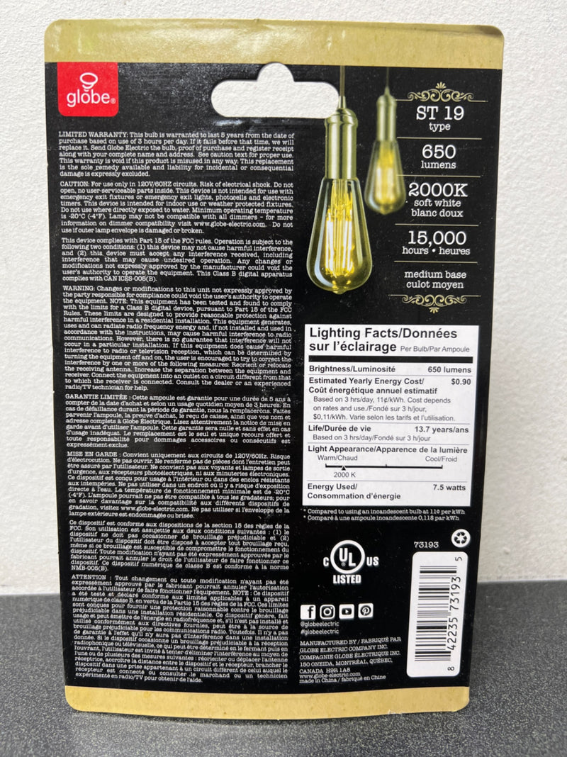 Globe electric 73193 60 Watt Equivalent ST19 Dimmable Straight Filament Vintage Edison LED Light Bulb, Warm Amber Light