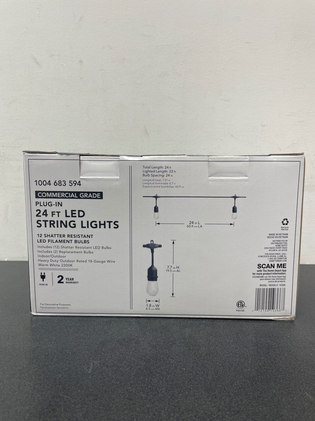 Hampton bay 10366 12-Light Indoor/Outdoor 24 ft. String Light with S14 Single Filament LED Bulbs