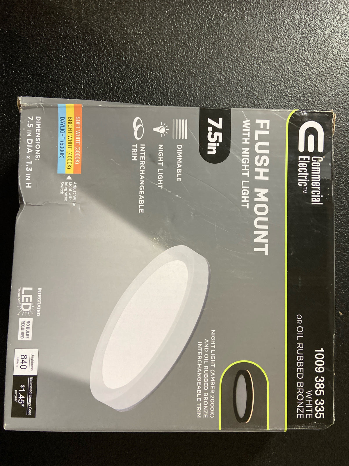 Commercial electric 565682111 7.5 in. Round White Oil Rubbed Bronze Trims LED Flush Mount Ceiling Light Adjustable 3000K 4000K 5000K with Night Light