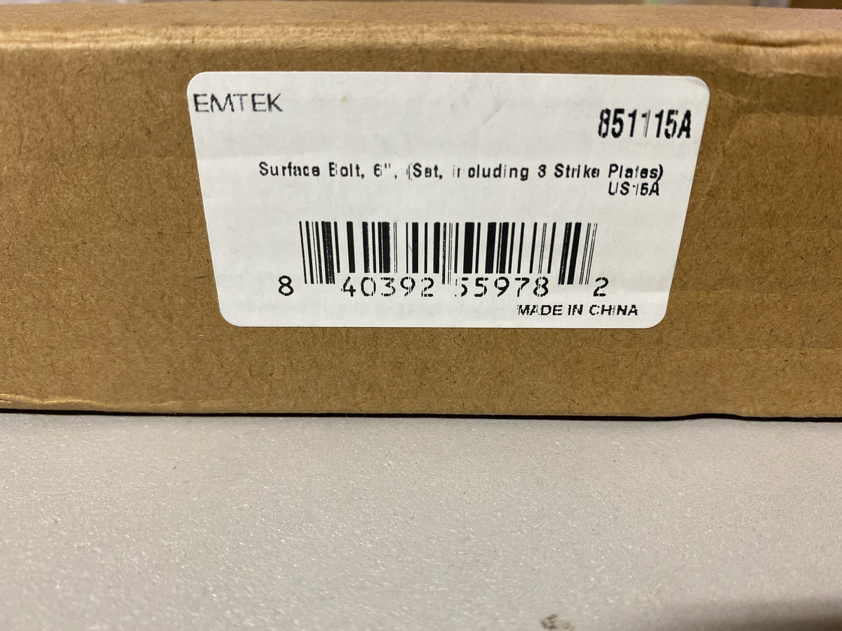 Emtek 8511US10B 6" Solid Brass Surface Bolt with Strikes and Screws - Oil Rubbed Bronze