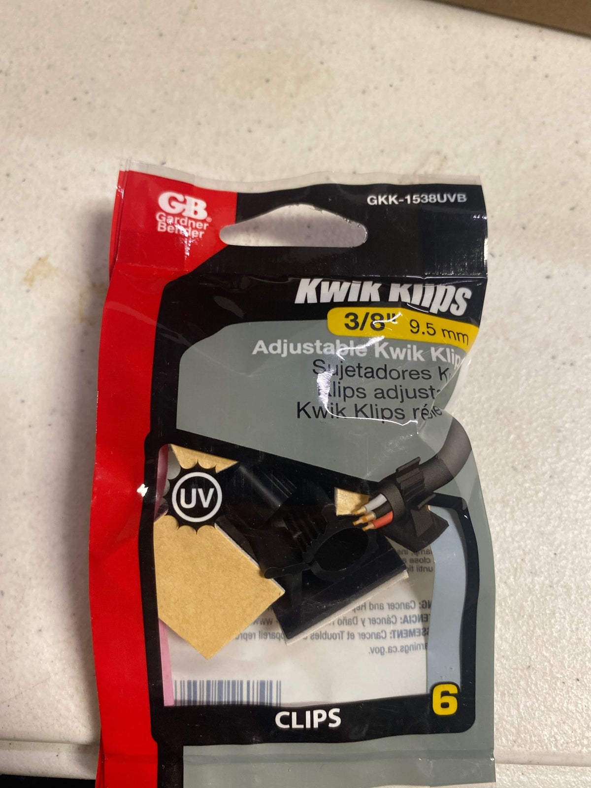 Gardner Bender GKK-1538UVB Plastic Kwik-Clips - Adhesive Backed, ⅜", Adjustable & Ratcheting, 6 Pack, Uv Resistant, UV Black