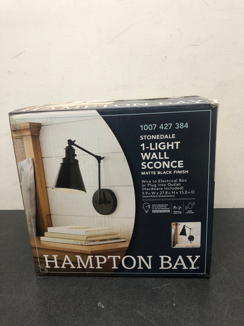 Hampton bay EW11475BK1-A 1-Light Black Plug-In/Hardwired Swing Arm Wall Lamp with 6 ft. Fabric Cord