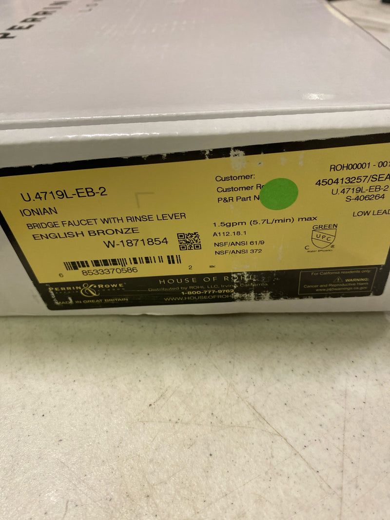 Rohl U.4719L-EB-2 Perrin and Rowe Deck Mount Bridge Kitchen Faucet with Sidespray with High C Spout and Metal ALSace Levers, English Bronze