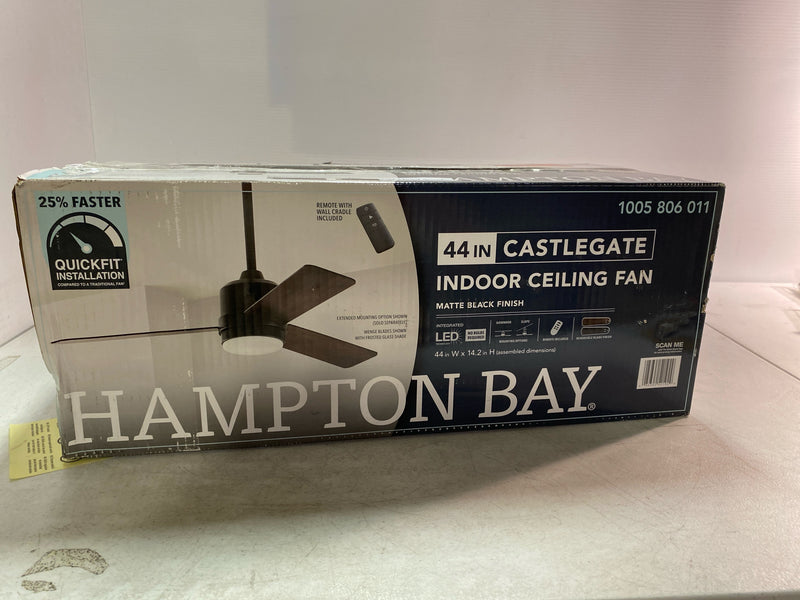 Hampton bay 52192 Castlegate 44 in. Indoor Integrated LED Matte Black Ceiling Fan with 3 Reversible Blades, Light Kit and Remote Control