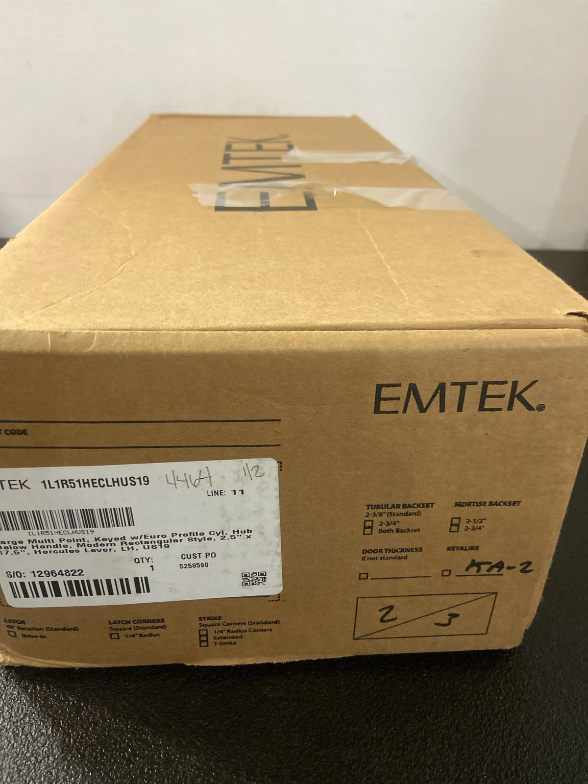 Emtek 1L1R55US19LH Brass Modern Door Configuration 5 Inactive Multi Point Trim with European Cylinder Below Handle - Flat Black Hercules Lever , Left Hand