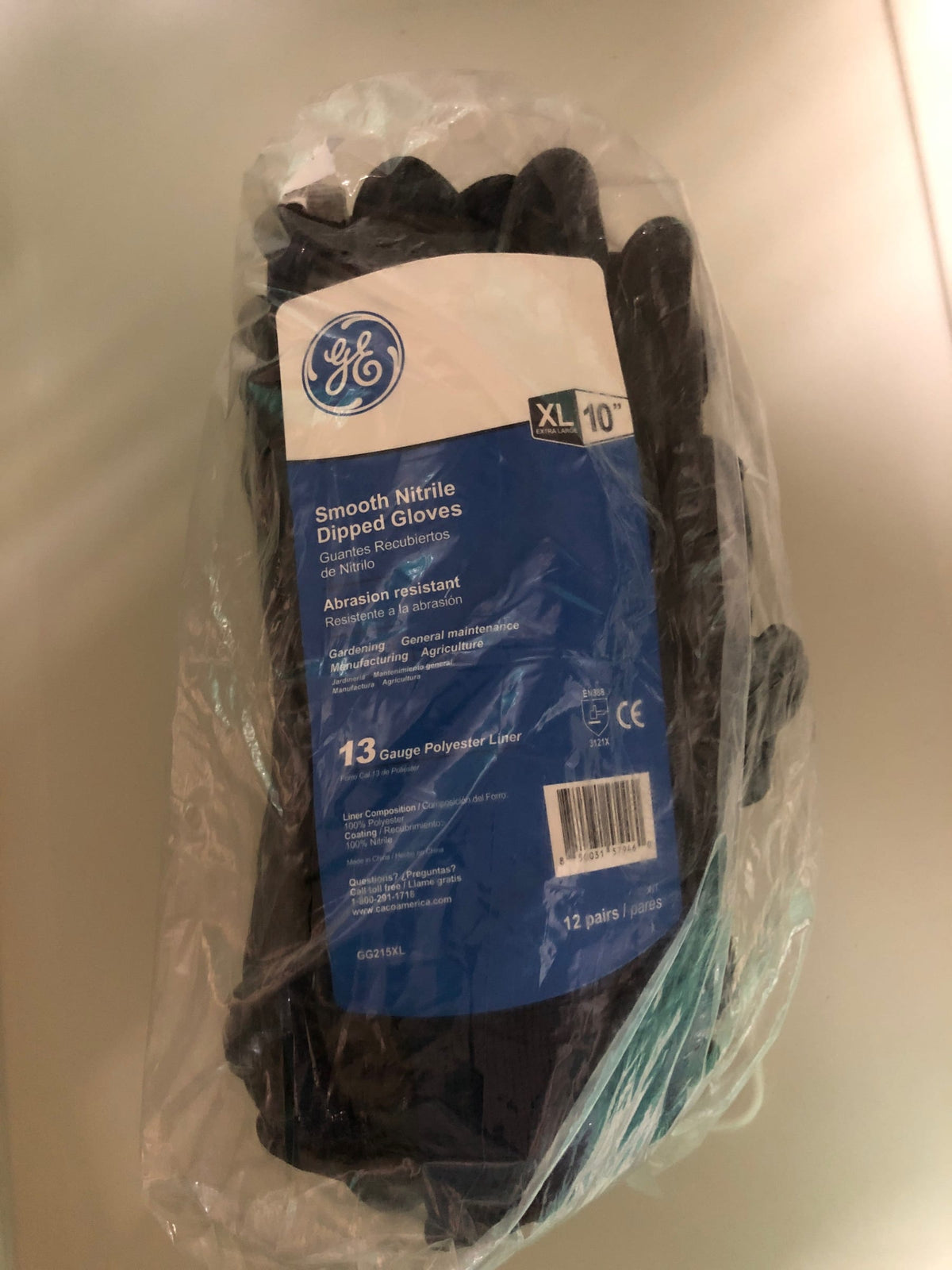 General Electric GE Safety Work Gloves, Smooth Nitrile Dipped Gloves, Black Smooth Nitrile Coating (XL)