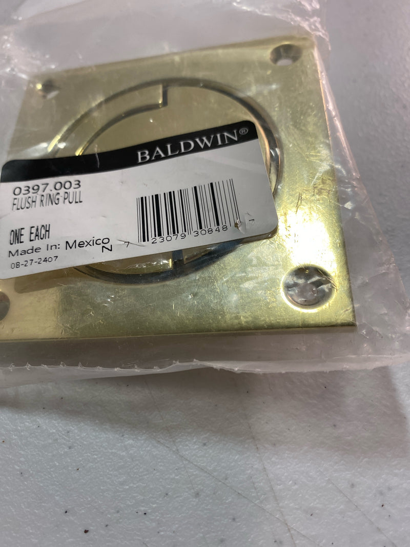 Baldwin 0397003 3-1/2 Inch x 3-1/2 Inch Solid Brass Flush Ring Pull - Polished Brass