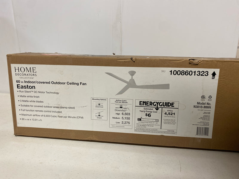 Home decorators collection N381B-MWH Easton 60 in. Indoor/Outdoor Matte White with Matte White Blades Ceiling Fan with Remote Included