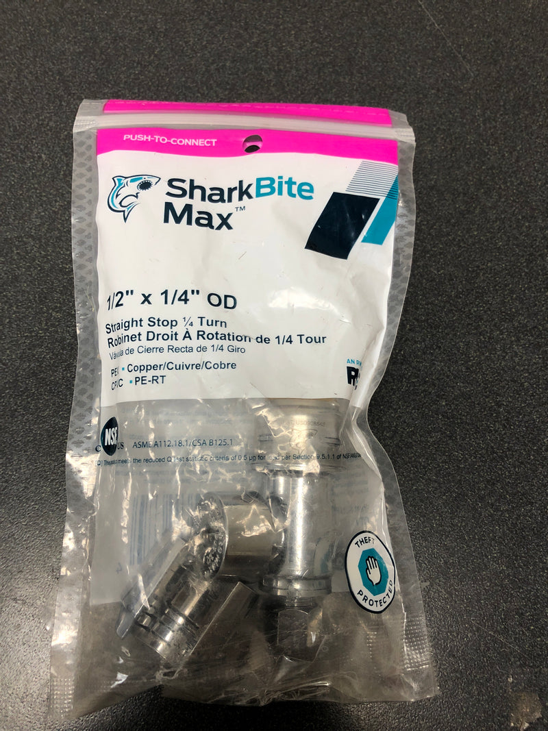 Sharkbite UR23337 Max 1/2 in. Push-to-Connect x 1/4 in. O.D. Compression Chrome-Plated Brass Quarter-Turn Straight Stop Valve