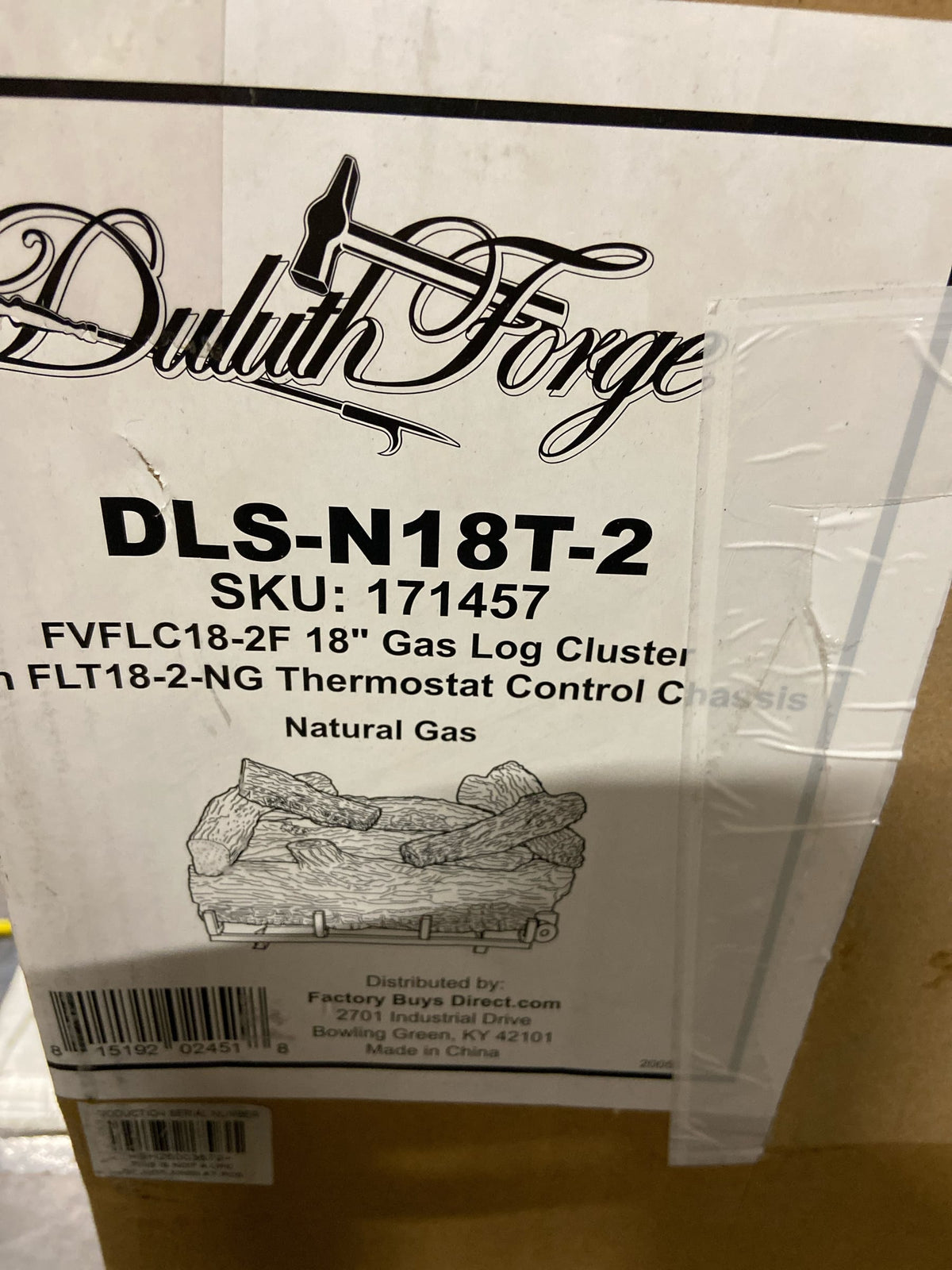 Duluth Forge DLS-N18T-2 30,000 BTU Vent Free Natural Gas Log Set Fireplace with Two Row U-Burner Flame System and Built-In Thermostat - N/A