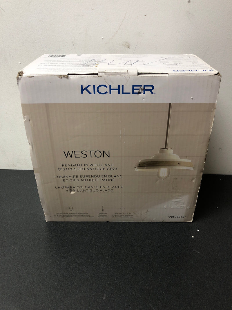 Kichler 82359 Weston 10 in. 1-Light White with Antique Gray and Brushed Nickel Farmhouse Shaded Kitchen Pendant Hanging Light