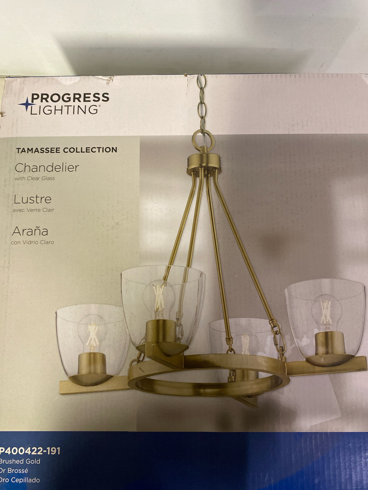 Progress Lighting Tamassee Collection 4-Light Brushed Gold Updated Traditional Chandelier with Clear Glass Shades for Dining Room P400422-191