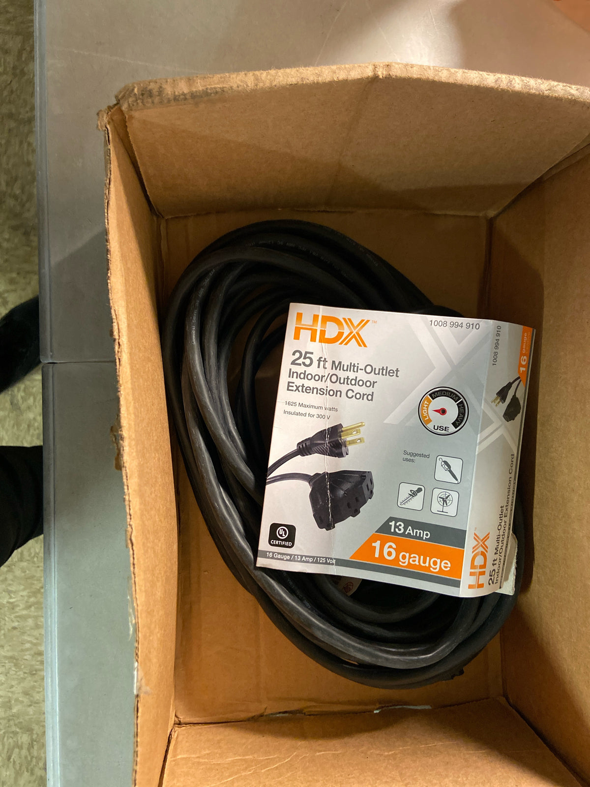 Hdx HWHD16325F 25 ft. 16/3 Light Duty Indoor/Outdoor Extension Cord with Multiple Outlet Triple Tap End, Black