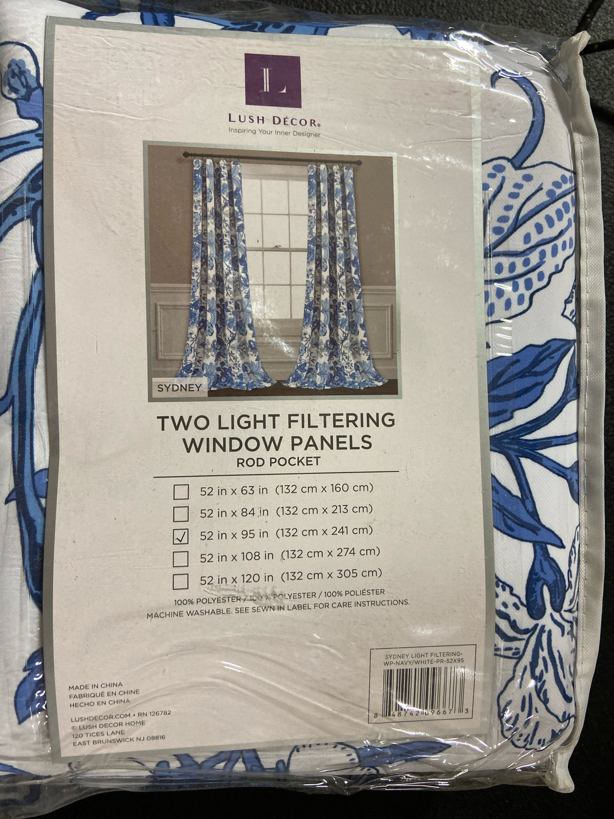 Lush decor 16T005377 Navy/White Floral Rod Pocket Room Darkening Curtain - 52 in. W x 95 in. L (Set of 2)