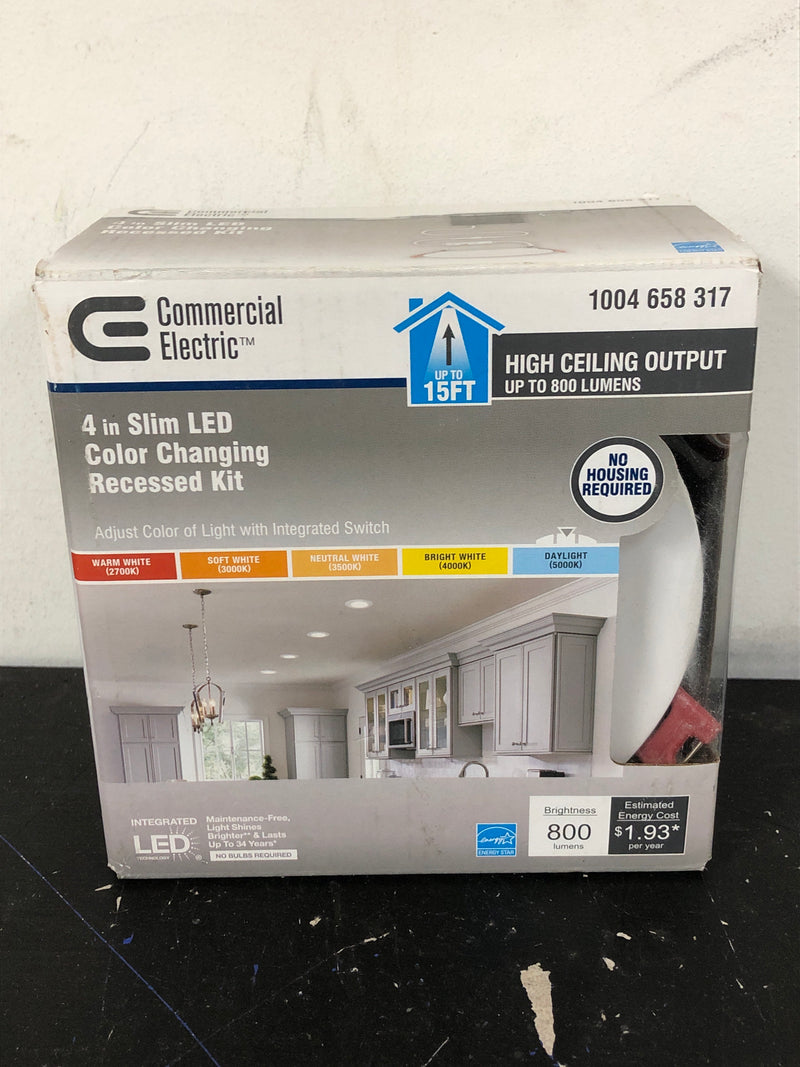 Commercial electric 91460 Ultra Slim Integrated LED 4 in Round Adj Color Temp Canless Recessed Light for Kitchen Bath Living rooms, White