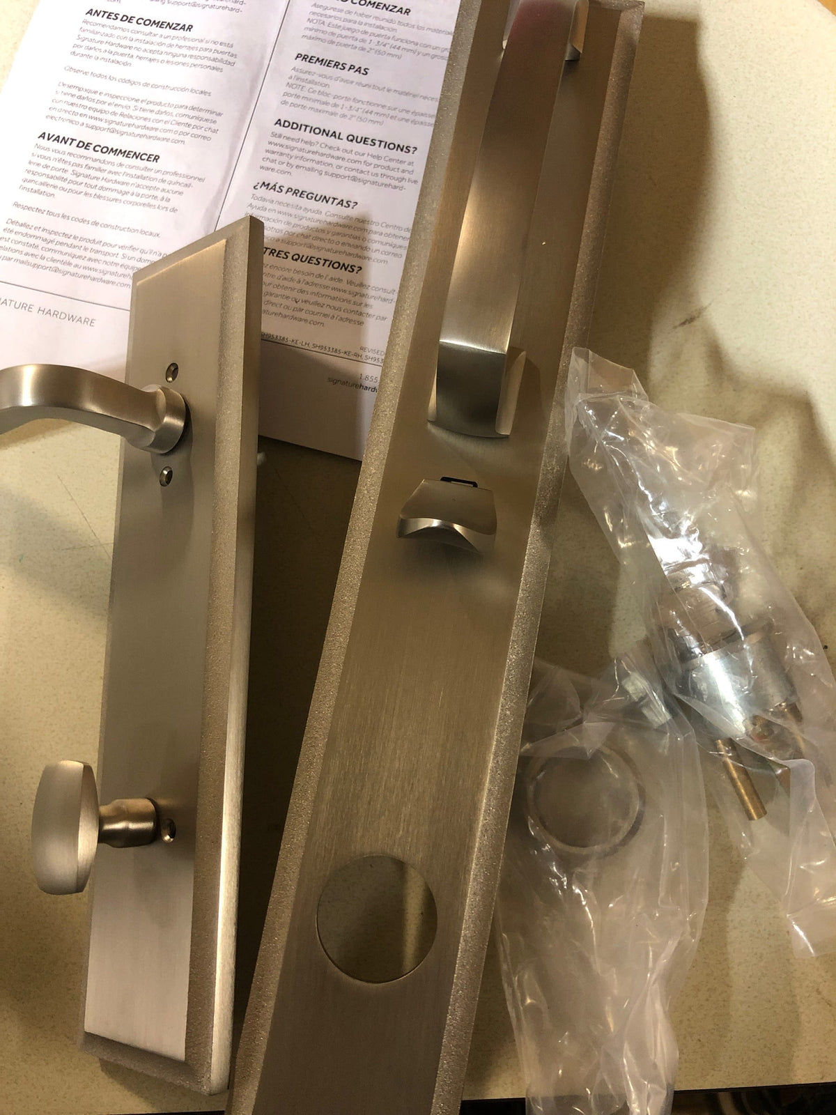 Signature Hardware 479126 Aurick Left Handed Solid Brass Keyed Entry Door Lever Set with 2-3/8" Backset - Satin Nickel