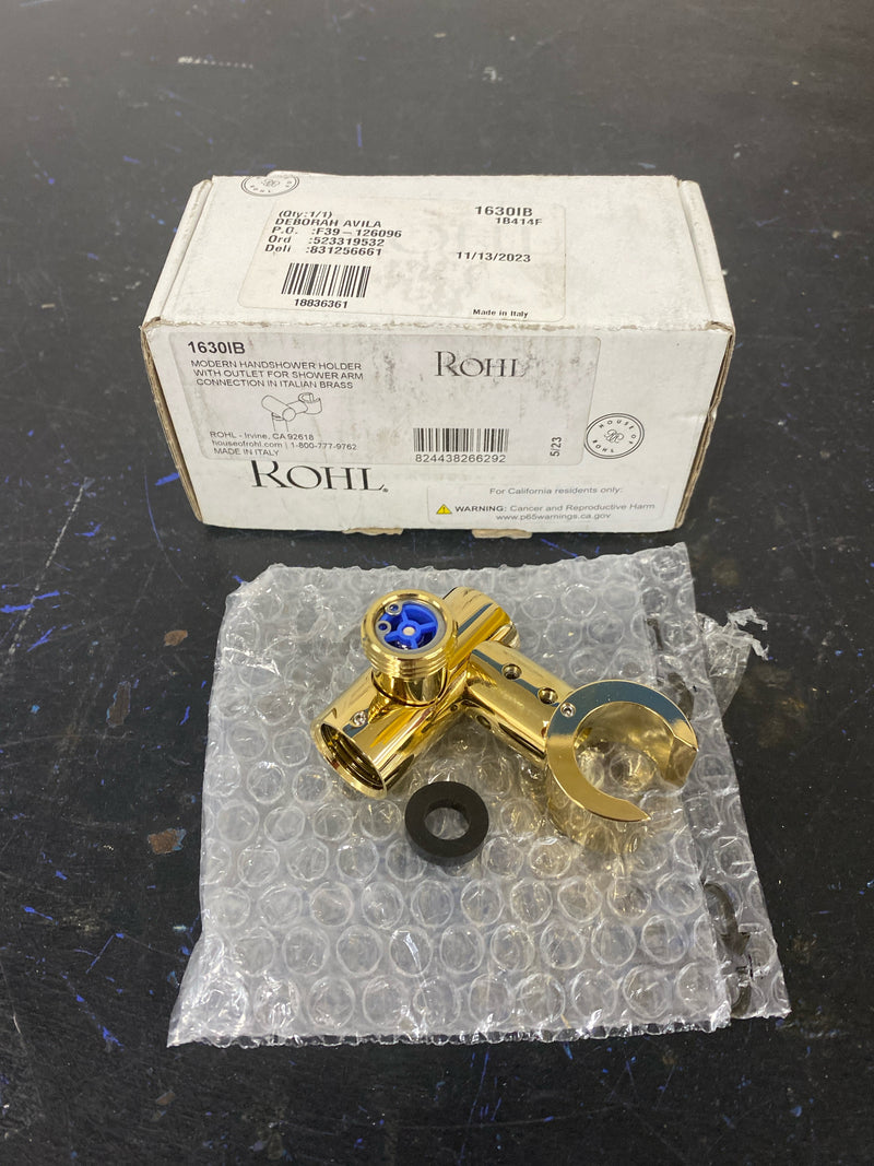 SPECIAL ORDER ONLY NON-CANCELABLE AND NON-RETURNABLE ROHL CYLINDRIC PIVOTING HANDSHOWER HOLDER WITH 1/2^M OUTLET AND 1/2^F INLET FOR CONNECTION TO WALL MOUNT SHOWER ARM OUTLET IN ITALIAN BRASS
