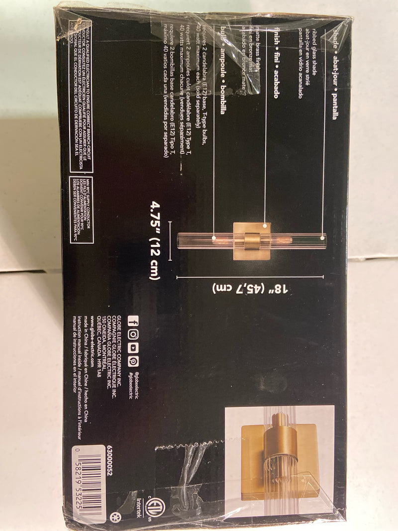 Globe Electric 63000052 18" 2-Light Vanity Light, Matte Brass Finish, Ribbed Glass Shade, Bathroom Décor, Home Décor, Home Improvement, Soft Glam Light, Makeup Lighting, Beauty Room Accessories
