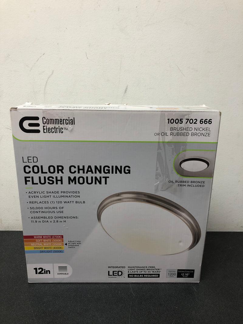 Commercial electric CA8aA018ER125 12 in. Light Brushed Nickel and Oil-Rubbed Bronze Adjustable CCT Integrated LED Flush Mount with Interchangeable Trim