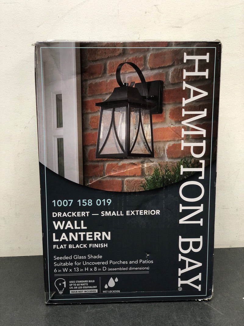 Hampton bay 28235 Drackert 13 in. 1-Light Flat Black Hardwired Outdoor Wall Light Lantern Sconce with Seedy Glass, No Bulb Included