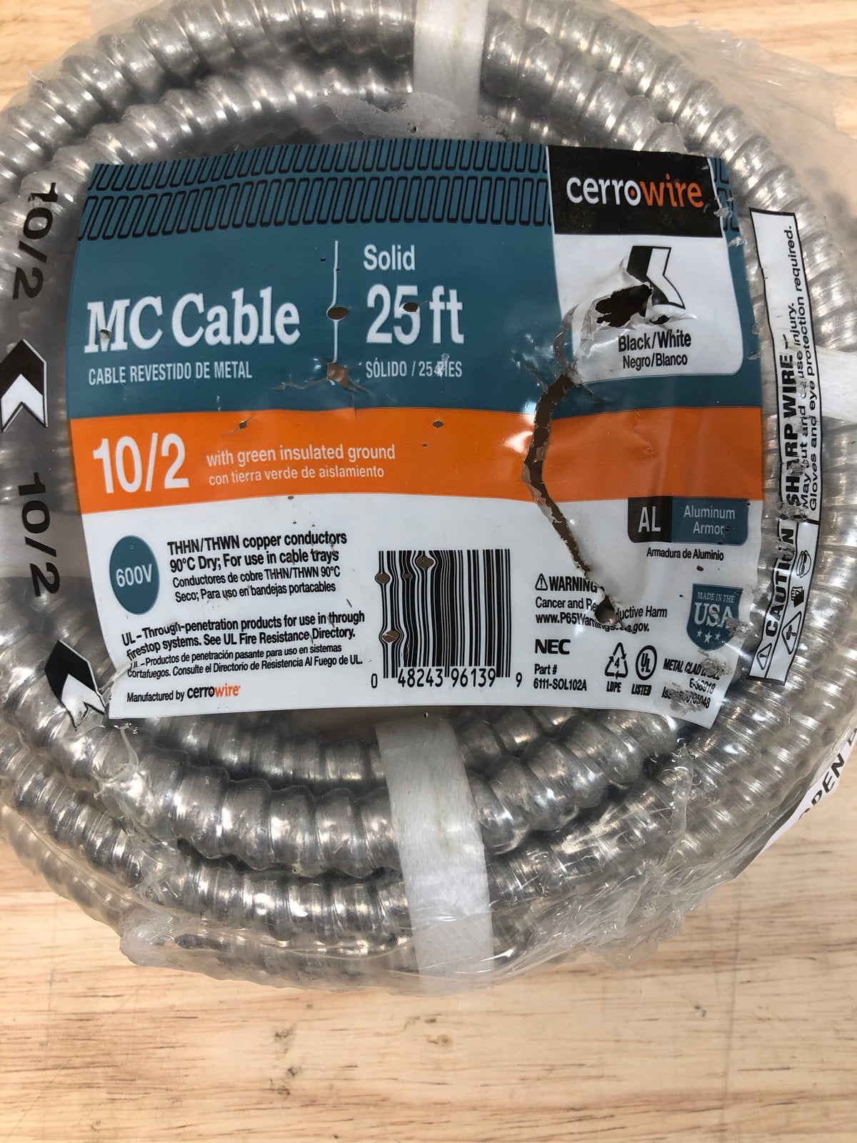 Southwire 68581821 10/2 x 25 ft. Solid CU MC (Metal Clad) Armorlite Cable