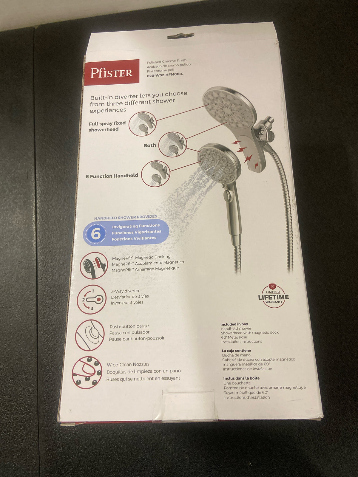 Pfister HydroFuse Shower Head and Handheld Combo, Hose Included, Magnetic Docking, 6-Function, 1.75 GPM, Polished Chrome Finish, 020WS2HFM01CC
