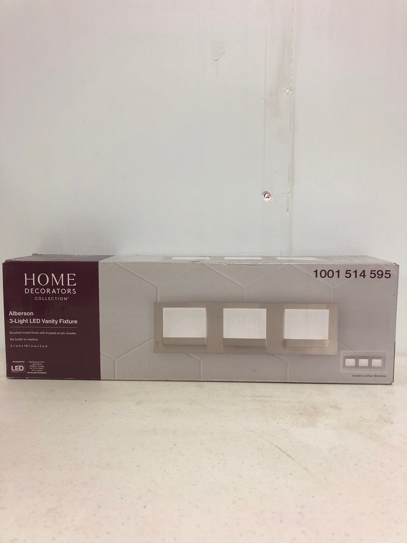 Home decorators collection 28024-HBU Alberson Collection 3-Light Brushed Nickel LED Vanity Light with Frosted Acrylic Shade
