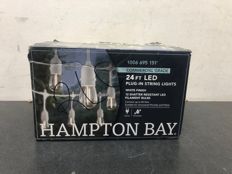 Hampton bay 2418J2-1W 12-Light 24 ft. Indoor/Outdoor Plug-In Edison Bulb String Light with S14 Single Filament LED Bulbs in White Cord