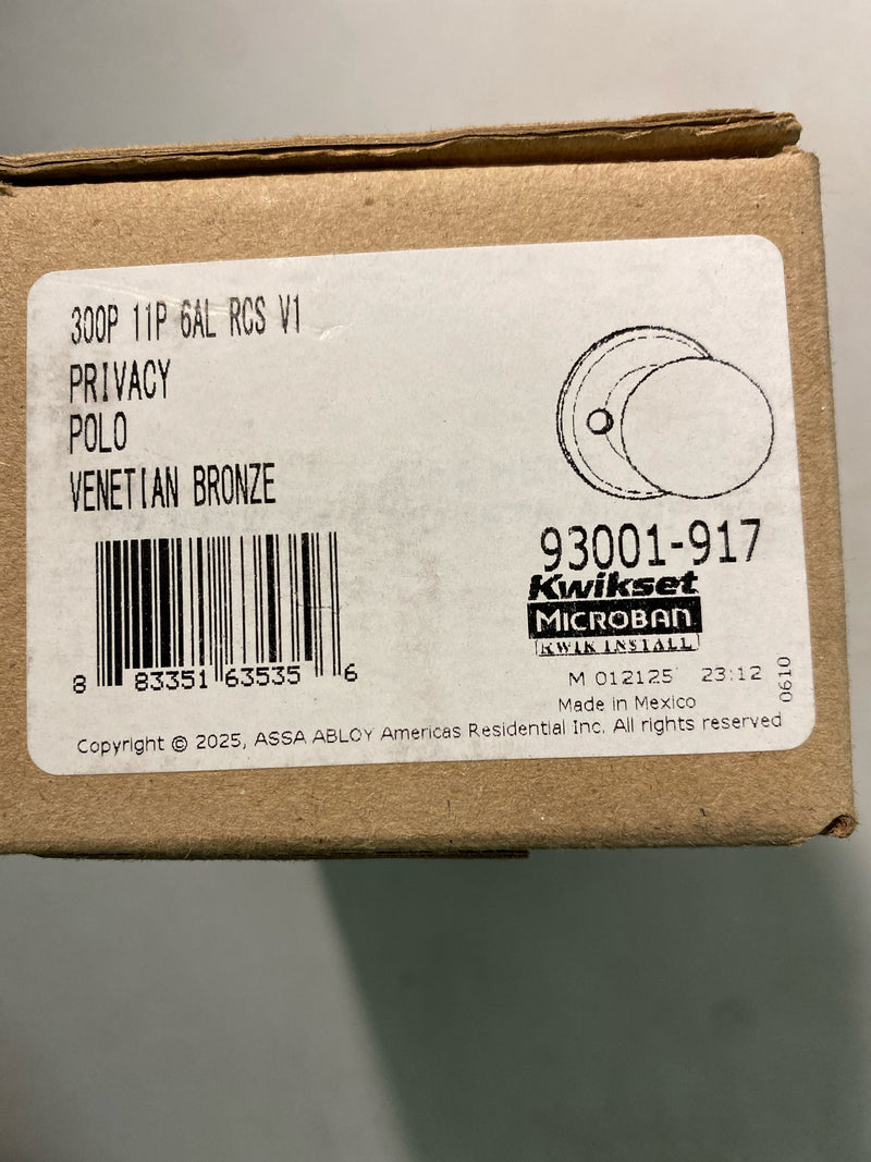 Kwikset 300P-11P Polo Privacy Door Knob Set with Round Rose - Venetian Bronze